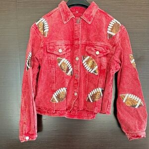 Red Corduroy Cropped Jacket with Sequin Footballs NWT